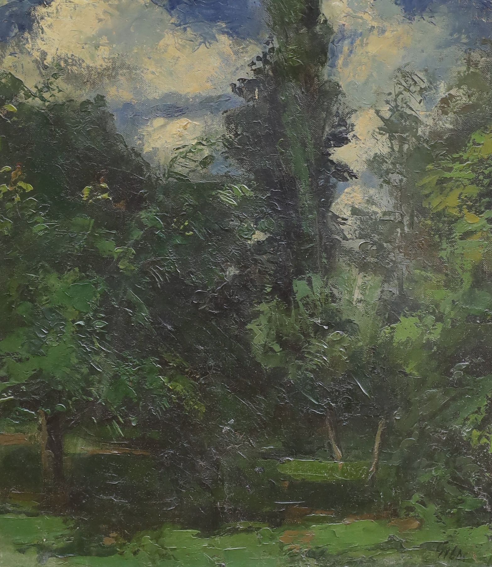 T.F. Gibbs, oil on canvas, 'The Orchard', signed, with Piccadilly Gallery label verso, 40 x 34cm